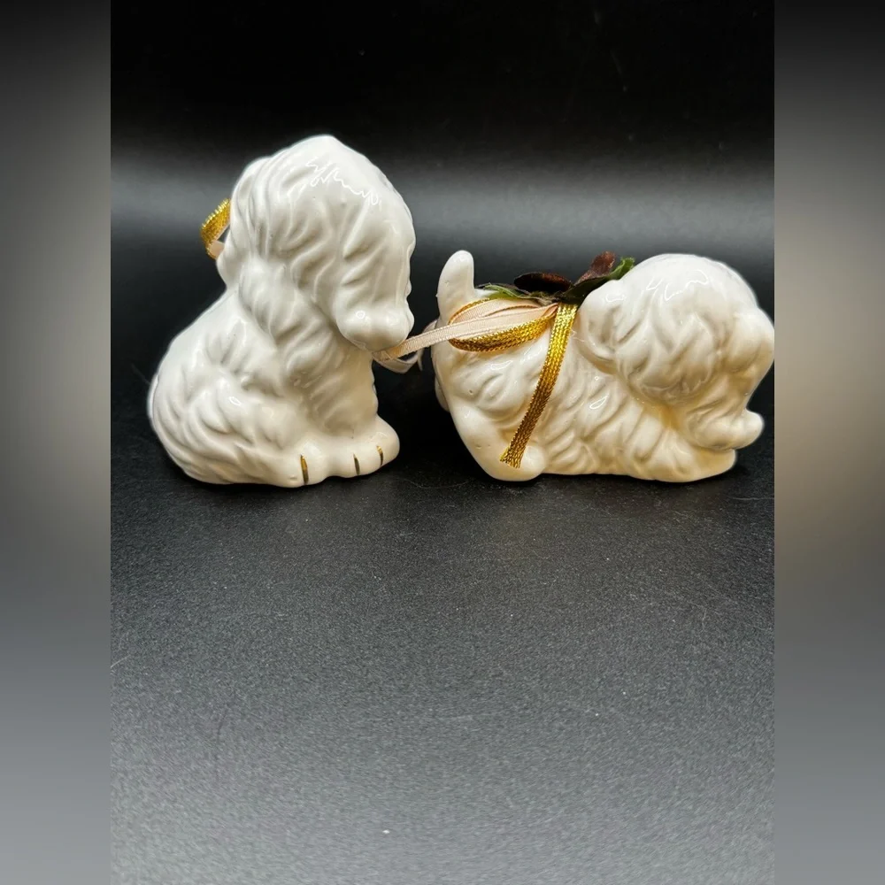 Pair of Vintage White Porcelain Dog Figurines With Flowers Made in Taiwan